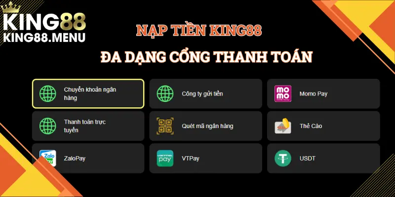 Nhiều lựa chọn thanh toán tiện lợi luôn sẵn có tại King88